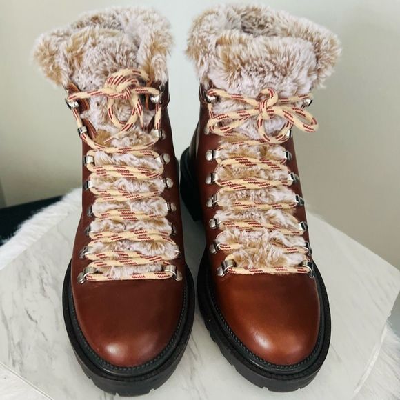 Zara Leather Lace Up Mountain Faux Fur Ankle Boots, Brown, Euro 38 (US 8), NWOT - Picture 5 of 15